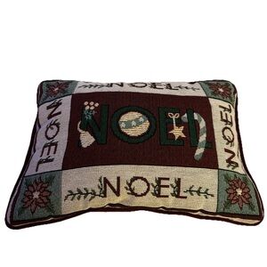 Vintage Tapestry Noel Throw Pillow Christmas Trees Holiday Burgundy Decor 12X9”